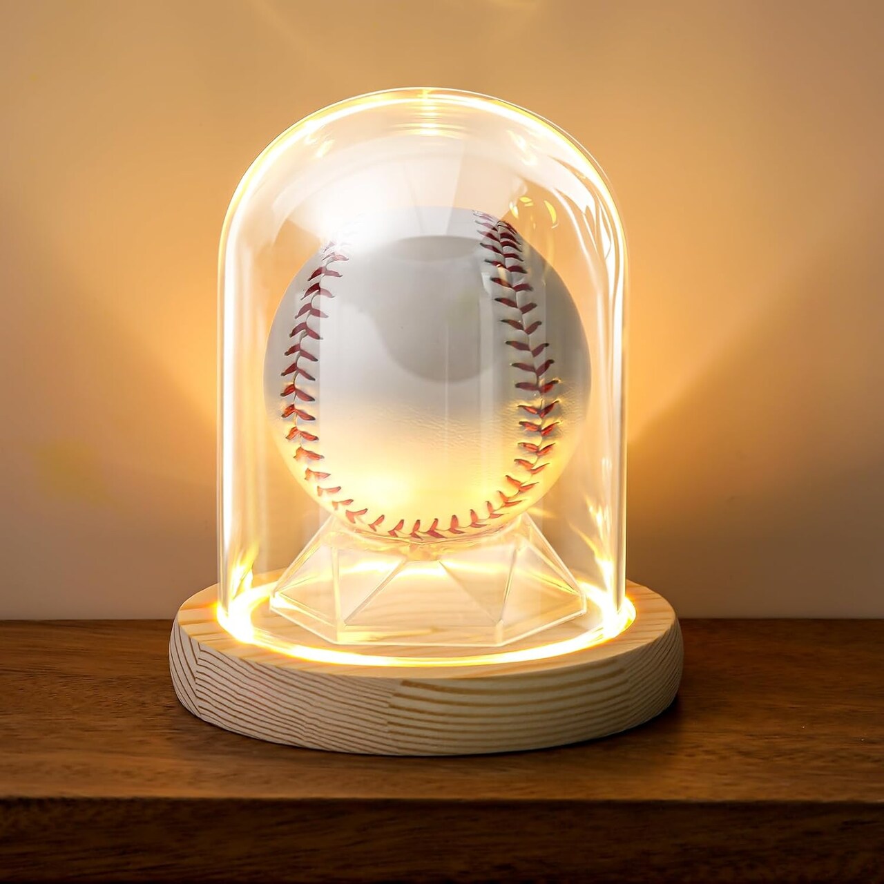 LED Baseball Display Case, Light up UV Protection 360° Glass Baseball Case with Wooden Base 3.5 x 4.7'' Golf Ball Holder Stand for Balls Tennis Golf Display Figurine Memorabilia Gift Decoration